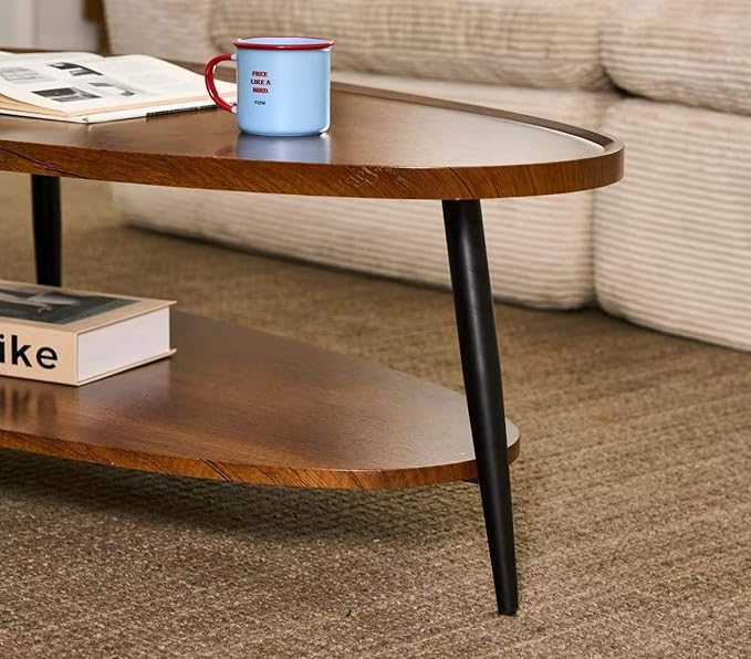 Shrine Oval Coffee Table, Mid-Century Modern Coffee Table, Brown Walnut Wood Table for Living Room, D47''x W23.6''x H15'', Sleek Conical Metal Legs with Black Finish