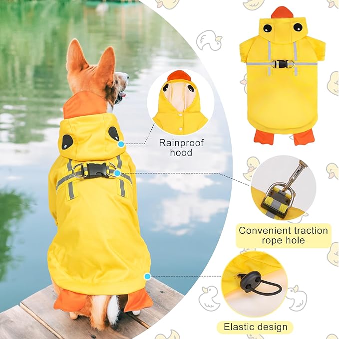 BEAUTYZOO Dog Raincoat Hooded Slicker Poncho, Waterproof Windproof Rain Jacket Hood with Harness Built in, Adjustable Reflective Duck Design Rain Coats for Small Medium Dogs Puppies, Yellow Size L