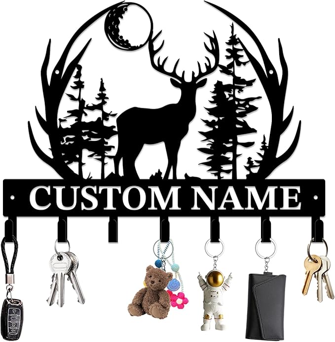 Personalized Custom Name Forest Deer Wall Keys Hooks,Metal Forest Deer Art Clothes Hooks,Metal Forest Deer Wall Home Storage Decorative,For Front Door, Hallway, Kitchen, Bedroom,Keys,Hats (Style J)