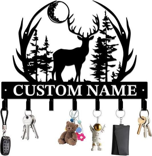 Personalized Custom Name Forest Deer Wall Keys Hooks,Metal Forest Deer Art Clothes Hooks,Metal Forest Deer Wall Home Storage Decorative,For Front Door, Hallway, Kitchen, Bedroom,Keys,Hats (Style J)
