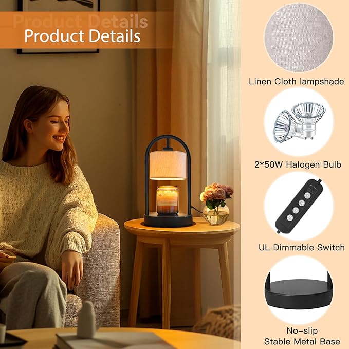 Black Candle Warmer Lamp with Timer - Dimmable Wax Melts Warmer for Bedroom, Mother's Day Gift, New Home Decor (2 Bulbs Included)