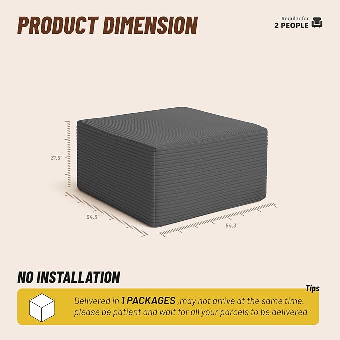 Cozy Square Ottoman, Comfortable Seating, No Assembly Required, Gray