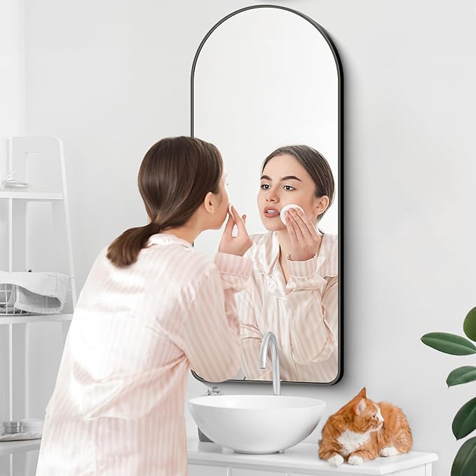 Arched Bathroom Mirror, 16"x48" Black Arched Mirror for Bathroom, Wall Mounted Mirror, Vanity Wall Mirror w/Metal Frame for Bedroom, Entryway, Living Room, Vertically Hanging