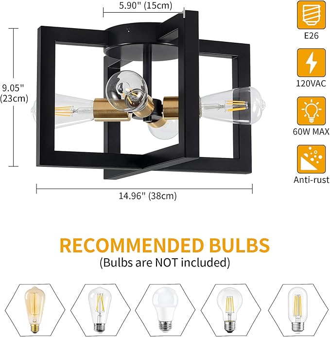 Modern Black and Brushed Gold Semi Flush Mount Ceiling Light, 4-Light Industrial Geometric Light Fixture, Ceiling Lights for Hallway Entryway Laundry Kitchen Dining Room Bedroom Lighting, UL Listed