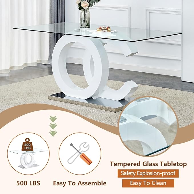 63'' Glass Dining Table Set for 6, Kitchen Table Chairs Set of 6, Clear Glass Dining Table with White unique design Leg and Silver Metal Base, 6 PU Dining Chairs with Metal Legs, Living Room, Kitchen.