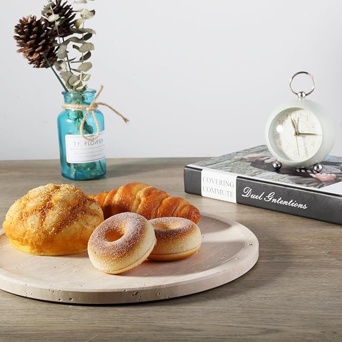 Travertine Tray, 11.8"x0.8" Round Serving Tray for Kitchen and Coffee Table, Bathroom Trays for Counter, Decorative Vanity Trays, Catchall Fruit and Snack, Light Beige Ottoman Tray