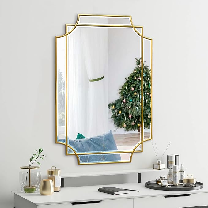 Rectangle Beveled Mirror, 36"x24" Bathroom Vanity Mirrors for Over Sink, Modern Elegant Decorative Mirrors for Wall, Gold Wood Frame Mirrors for Living Room Bedroom Fireplace Entryway