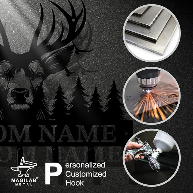 Personalized Custom Name Forest Deer Wall Keys Hooks,Metal Forest Deer Art Clothes Hooks,Metal Forest Deer Wall Home Storage Decorative,For Front Door, Hallway, Kitchen, Bedroom,Keys,Hats (Style E)