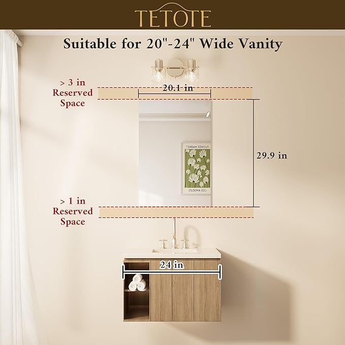 TETOTE Frameless Mirror 20" x 30" Bathroom Mirrors for Wall with 4mm Tempered Glass, Suitable for Bedroom, Entryway, Hallway, Gym, Vertically/Horizontally