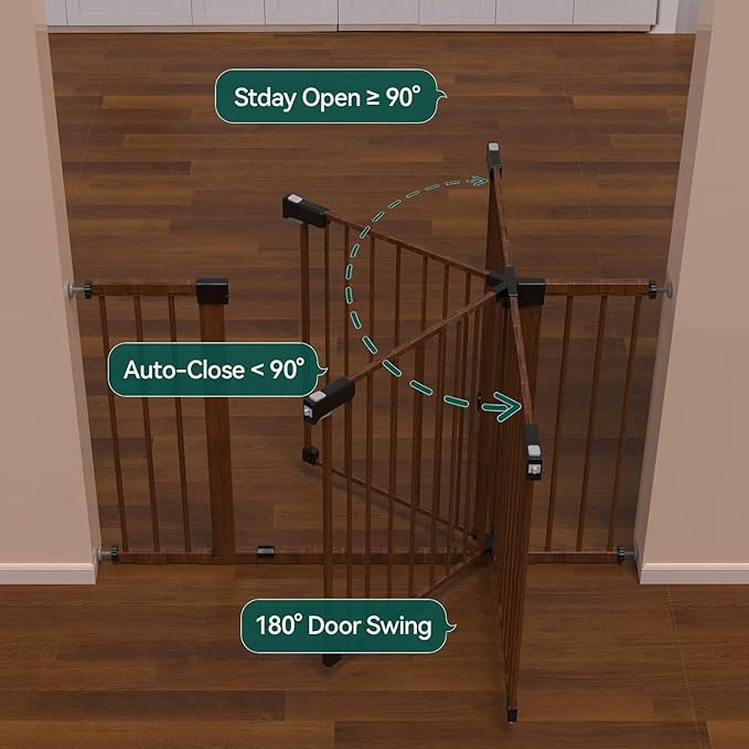 BABELIO 26-40 Inch Easy Install Extra Wide Pressure Mounted Metal Baby Gate, No Drilling, No Tools Required, with Wall Protectors and Extenders (Black Wood Pattern, 30" Tall 26"-40" Wide)