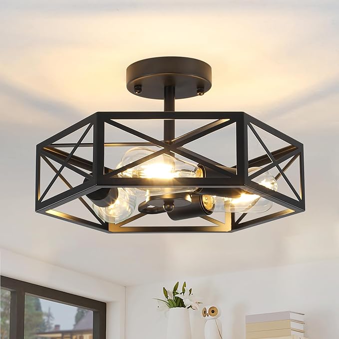 Black Semi Flush Mount Ceiling Light, Farmhouse Hallway Light Fixtures Ceiling Mount, 3 Light Industrial Close to Ceiling Lights with Metal Hexagon Cage for Kitchen, Hallway, Entryway, Bedroom