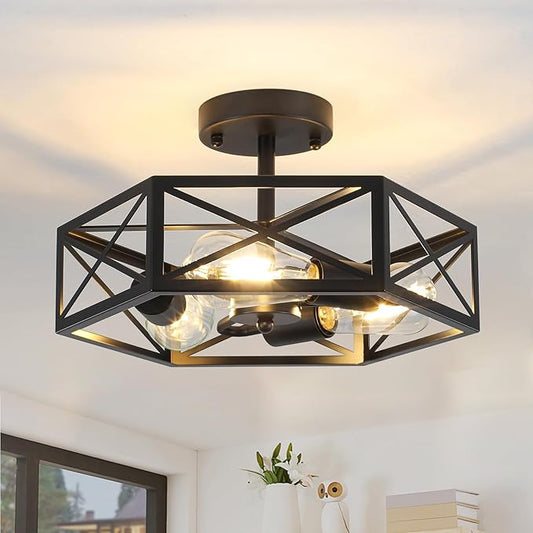 Black Semi Flush Mount Ceiling Light, Farmhouse Hallway Light Fixtures Ceiling Mount, 3 Light Industrial Close to Ceiling Lights with Metal Hexagon Cage for Kitchen, Hallway, Entryway, Bedroom
