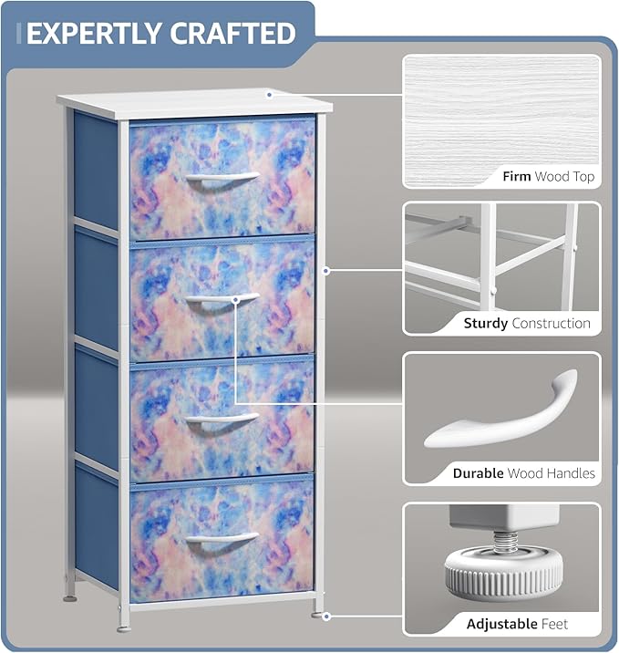 Sorbus Dresser Storage Tower, Organizer Drawers for Closet Boys & Girls Bedroom, Bedside Furniture, Chest for Home, College Dorm, Steel Frame, Wood Top, Tie-dye Fabric Bins (4-Drawer, Pastel Tie-dye)