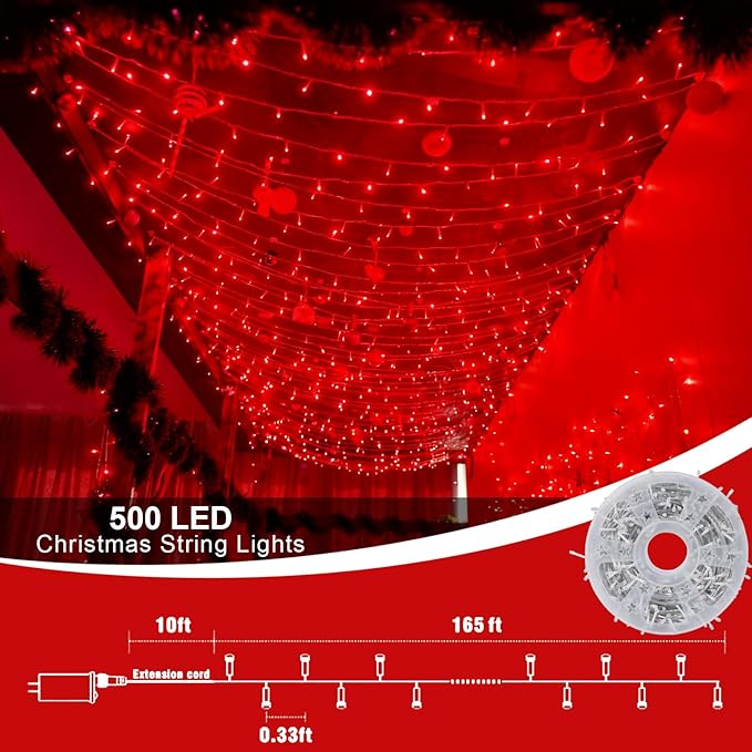 QITONG 165ft 500 LED Red Christmas Lights, Clear Wire Outdoor String Lights Plug in, 8 Modes Twinkle Xmas Light Indoor