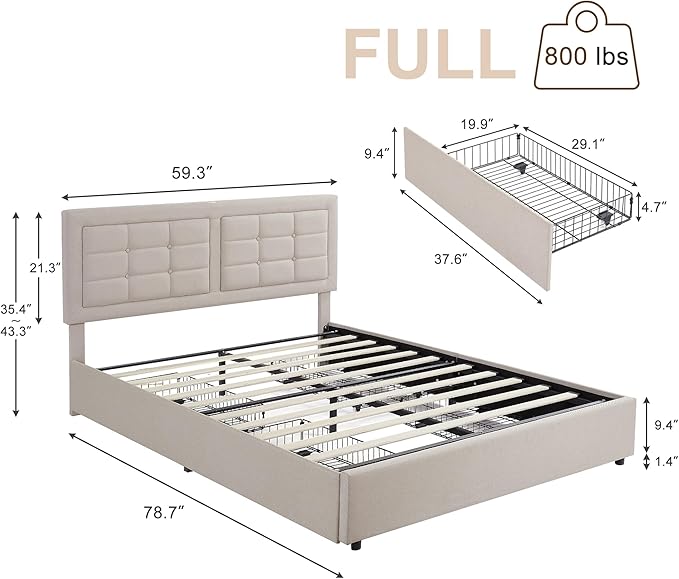 VECELO Full Size Bed Frame with 4 Drawers, Adjustable Tufted Button Headboard, Upholstered Platform with Wood Slats Support, Built-in USB and Type C Ports, Beige