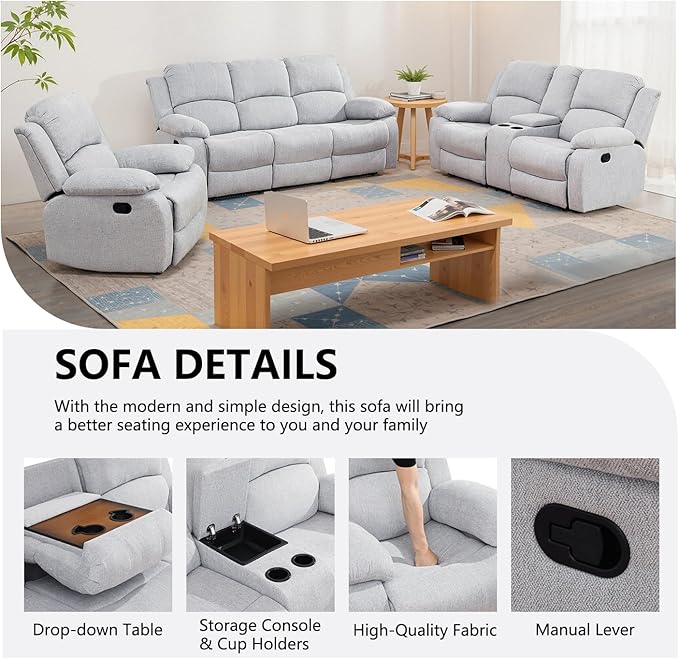 Manual Recliner Sofa Set,Microfiber Reclining Couch Set,Modern Living Room Furniture Set,Reclining Sofa Couch Chair for Living Room Home Office(Grey/White,3 Pieces Set)