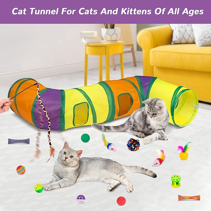 Retro Shaw Cat Toys Kitten Toys, Cat Tunnels Toy for Indoor Cats Kitty, Interactive Cat Tube Tent Feather Wand Teaser Bell Fuzzy Ball Springs Mouse (33 Pcs Large Cat Tunnel Toys Set)