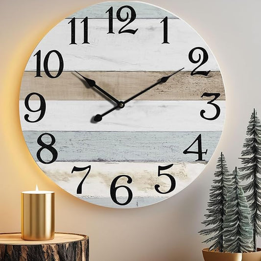 24 Inch Wall Clock Wood Round Silent Non-Ticking Clock,Large Rustic Farmhouse Blue Wall Clock with Battery Operated Vintage Decorative Clock for Living Room Kitchen Decor