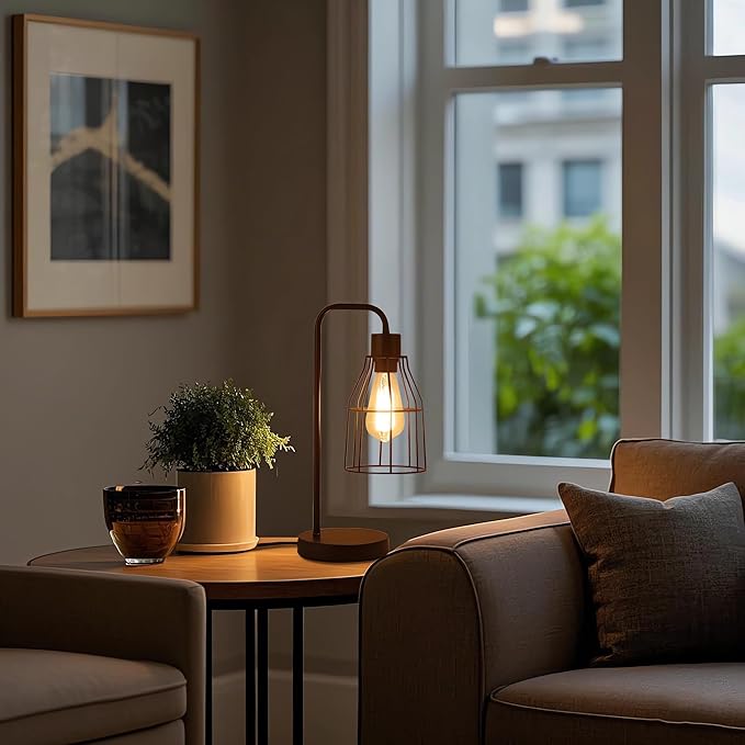 Industrial Vintage Table Lamp with Plug-in Cord Switch, Black Farmhouse Table Lamp with Metal Cage Shade, E26 Base Edison Bedroom Nightstand Light for Bedside, Office, Living Room