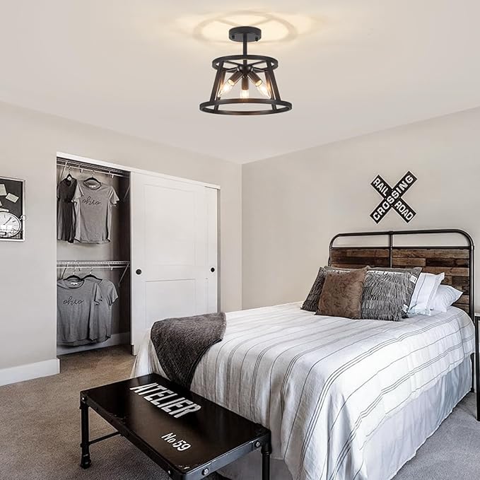 12.59" Black Semi Flush Mount Ceiling Light, 3-Light Modern Close to Ceiling Light Fixtures, Hallway Light Fixtures, Metal Ceiling Lamp for Entryway Bedroom Laundry Dining Room Lighting, UL Listed