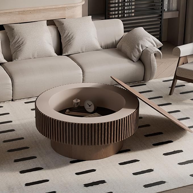 31.5'' Small Round Coffee Table with Storage, Fluted Coffee Table with Solid Wood Veneered, Mid Century Modern Wooden Center Table, Accent Tea Table for Small Space Living Room Apartment, Walnut