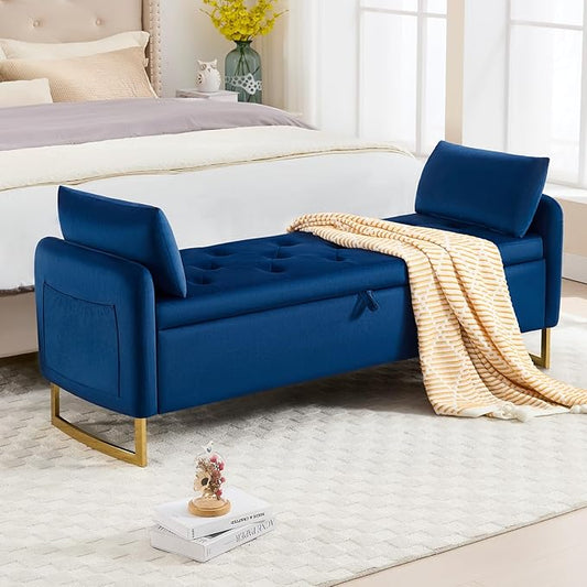 65" Storage Ottoman Bench, End of Bed Storage Bench King Size with Tufted Button Upholstered and Gold Legs, Bedroom Benches with Armrests for Living Room Window and Entryway, Navy Blue