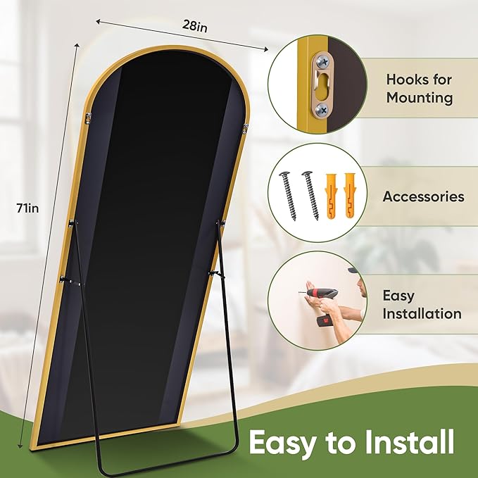 Full Length Mirror, 71"x28" Arched Full Body Mirror, Floor Mirrors with Stand, Body Mirrors Standing Hanging Leaning Against Wall,Aluminum Frame Mirrors for Bedroom Cloakroom,Living Room,Gold
