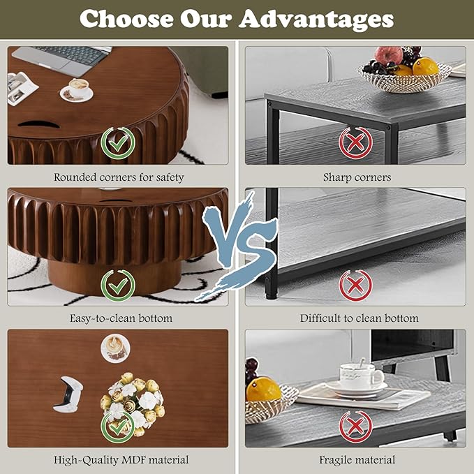 Round Coffee Table with Hidden Storage, Modern Circle Coffee Tables Handcraft Fluted Drum Coffee Table with Solid Wood Relief, Mid Century Center Table for Living Room Apartment (Walnut 31.5 Inch)