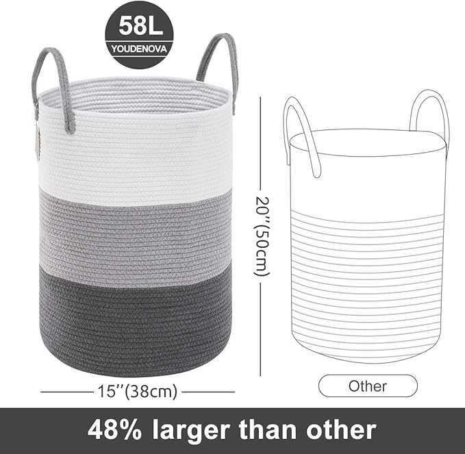 YOUDENOVA Woven Rope Laundry Hamper Basket, 58L Tall Luandry Basket, Baby Nursery Hamper for Blanket Storage, Clothes Hampers for Laundry in Bedroom