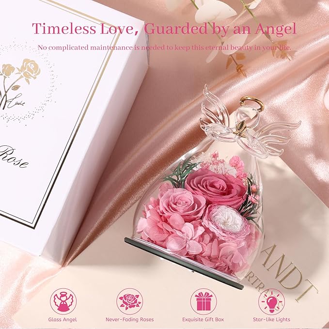 Birthday Gifts for Women Mom Preserved Roses in Glass Angel Figurines Fresh Flowers for Delivery Forever Flowers Eternal Rose Christmas for Grandma Sister Wife Her from Daughter