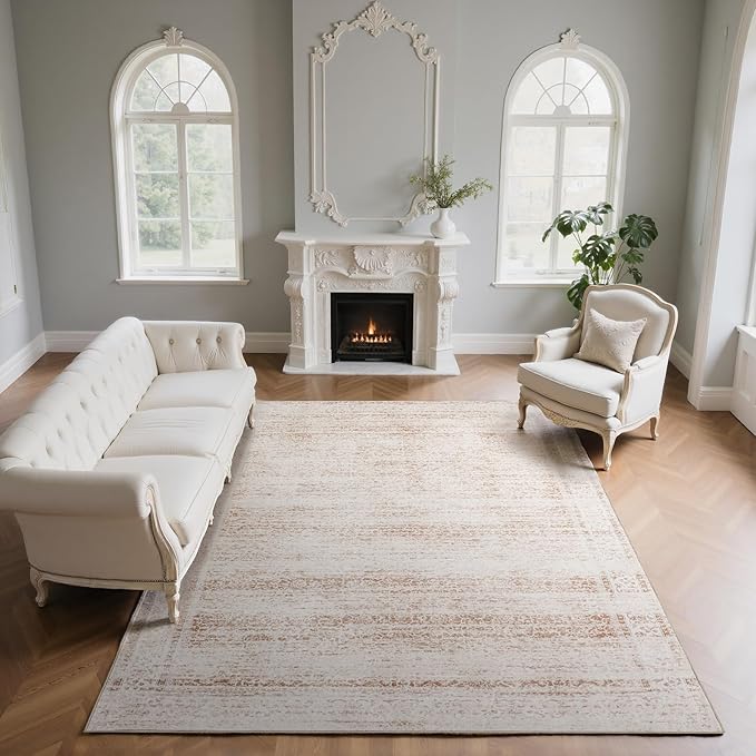 8x10 Washable Area Rugs for Living Room,Bedroom,Dining Room- Modern Abstract Large Area Rugs with Non Slip Rubber Backing,Soft Low Pile Neutral Light Pink Carpet for Nursery Dorm Kids Playroom