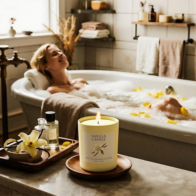 NORVENCE Vanilla Candle, Vanilla Scented Candles for Women, 10oz Soy Candles with Bamboo Lid for Home Scented, Birthday Gifts for Women and Men, Hand-Poured Candle for Relaxation, Home Decor