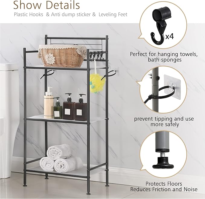 MallBoo 3-Tier Metal Freestanding Storage Shelf,Standing Bathroom Shelves with 3 x PP Shelf Liners and 4 x Hooks for Laundry Kitchen Office (Black)