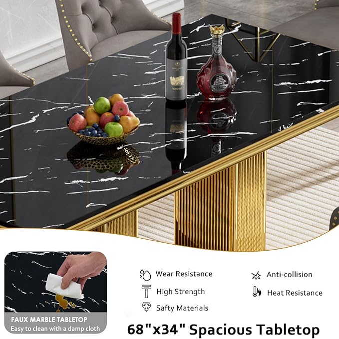 68" Faux Marble Dining Table Set for 6, 7-Piece Dining Set with Black Gold Kitchen Table and 6 Velvet Tufted Chairs, Modern Rectangular Dining Room Tables with Column-Shape Stainless Steel Base