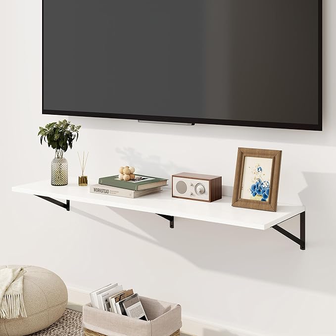 Fun Memories Floating Shelves for Wall, 12 Inch Deep Floating Shelves Set of 2, 48W x 12D Large Wall Shelf with Sturdy Metal Brackets for Living Room, Bathroom, Bedroom and Kitchen, White