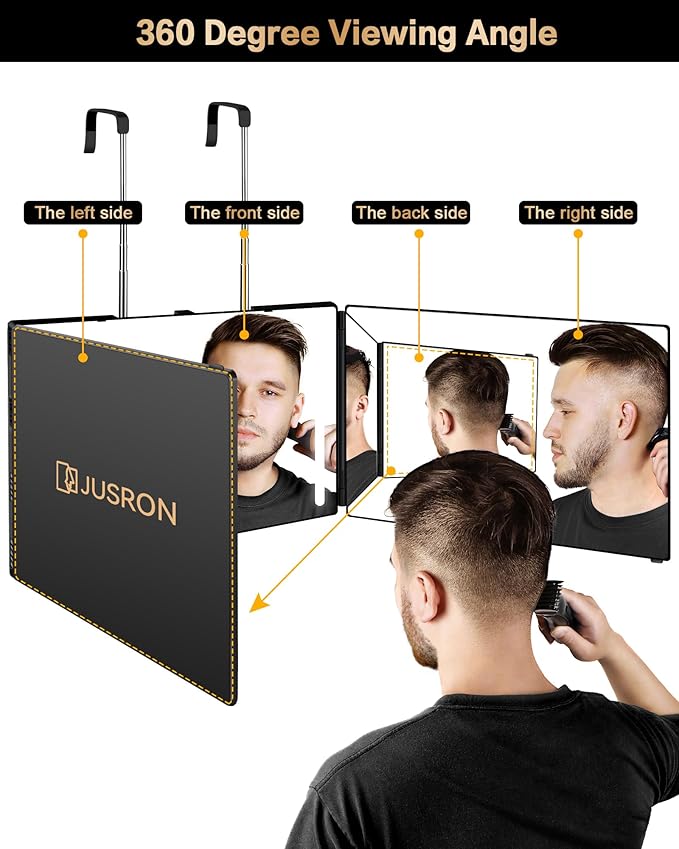 JUSRON 360 Viewing Angle Self Hair Cutting Mirror, Clear Anti-Fog HD Glass, USB Rechargeable, Easy to Use, Height Adjustable, Portable, Good Choice for Gifts
