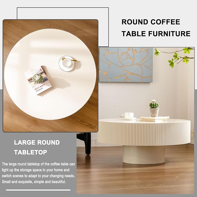 Round Coffee Table, Handcrafted Fluted Drum Coffee Tables Modern Wood Coffee Table Circle Drum Center Table for Living Room, Apartment (White Thick)