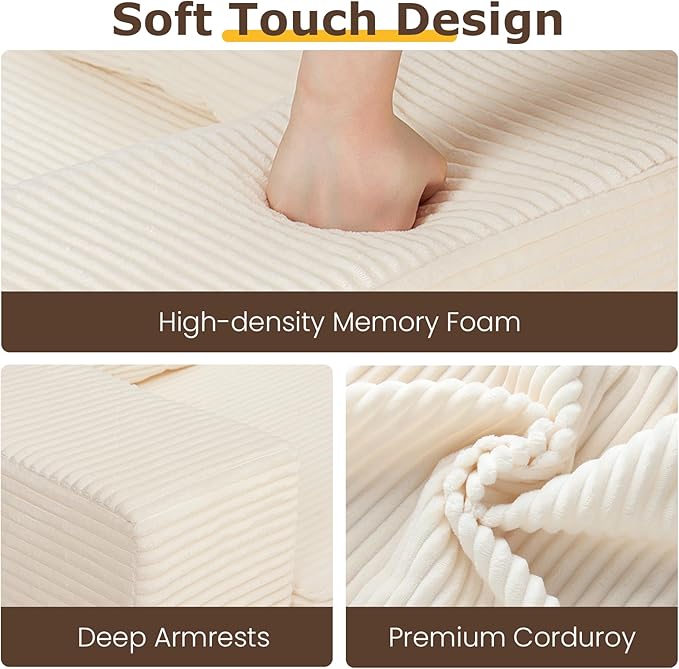 Convertible Sofa Bed, 3 in 1 Loveseat Folding Couch Bed Foldable - Chaise Lounge Chair & Floor Futon Sleeper, Corduroy Pull Out Sofa Bed with 4 Pillows for Living Room, Beige