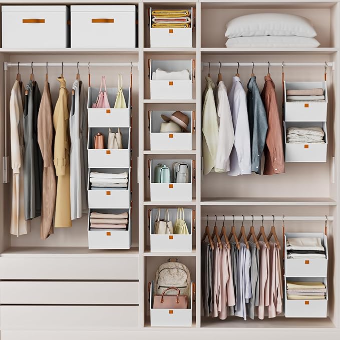 Hanging Closet Organizer 4 Tier - Clothes Hanging Shelves, Space-Saving Closet System, Fabric Storage Bins Bedroom Organization, Collapsible Baskets for Home, Dorm, Rv, White, 2 Pack