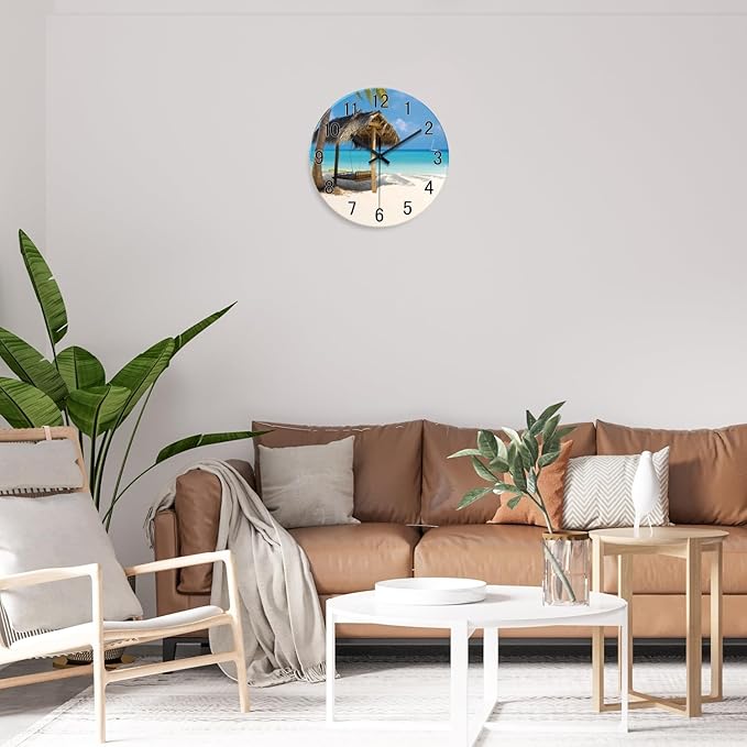 XFM Tropical Beach Wall Clock 12 Inch Silent Coastal Wall Clocks Battery Operated Blue Analog Wall Clock for Living Room Bedroom Office Decor