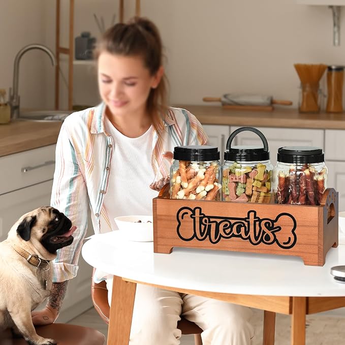Dog Treat Container Dog Food Container for Dog Food Storage, Farmhouse Cat Food Container Pet Food Storage Organizer, Wood Dog Treat Holder with 3 Plastic Cat Dog Treat Jars, Brown Cat Treat Container