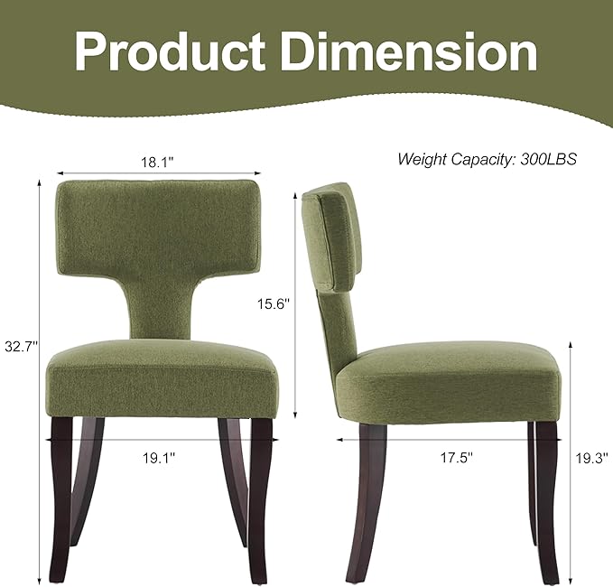 Mid Century Modern Dining Chairs Set of 4, Upholstered Side Dining Chairs with Curved Back Linen Fabric Armless Wood Chairs Kitchen & Dining Room Farmhouse Chairs (Green)