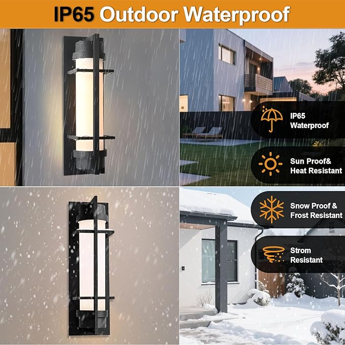 ALVIME Outdoor Wall Sconce, 15 inch Matte Black Exterior Lighting Fixtures, Waterproof Modern Outdoor Wall Light, Outside Sconce Lights for House, Entryway, Patio, Garage, E26 Base&Etched Opal Glass