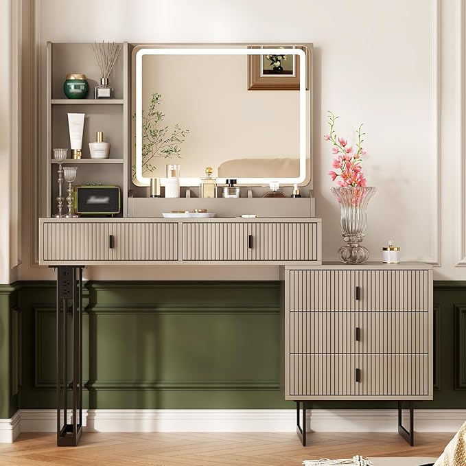Large Vanity Desk with 3 Color Touch Screen Dimming Mirror, Vanity Desk with Charging Station, Modern Retractable Makeup Dressing Table, Makeup Table with Storage Shelves and 5 Sliding Drawers