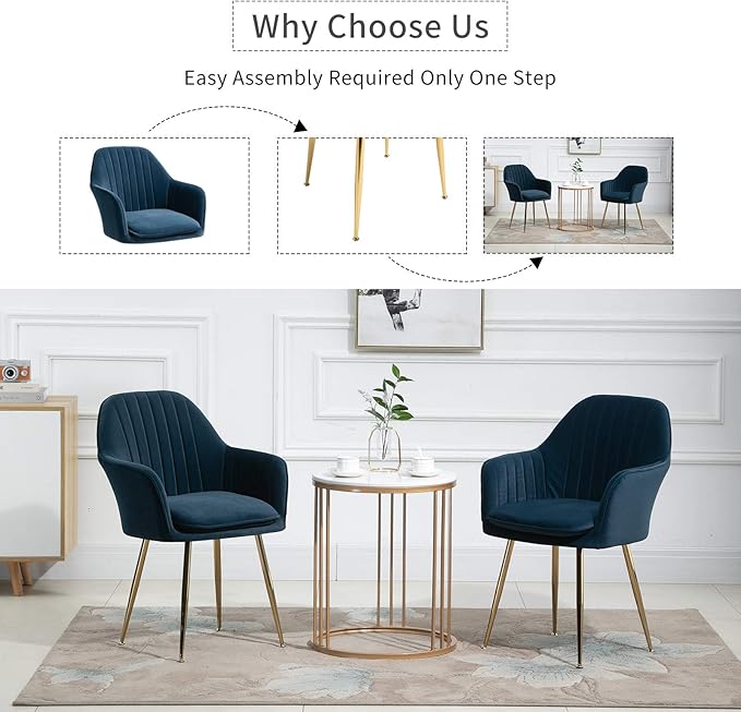 ECOTOUGE Matte Velvet Dining Chairs Set of 4, Modern Arm Chair with Golden Metal Legs, Living Room Accent Chairs for Kitchen, Blue