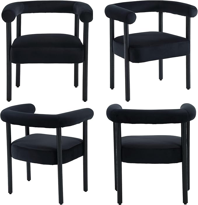 Mid-Century Modern Dining Chairs Set of 2, Armrest Barrel Dining Chairs Side Accent Chairs with Curved Back, Upholstered Wood Armchairs for Kitchen, Velvet Black