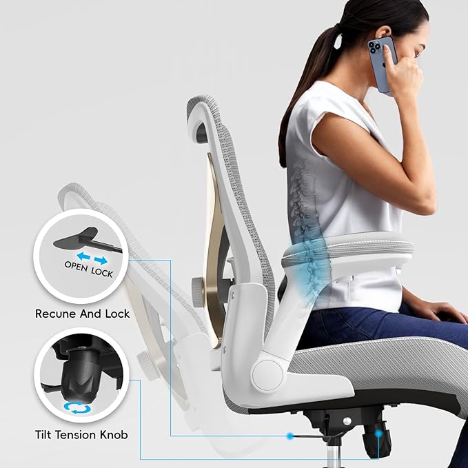 Office Home Ergonomic Desk Chair-Computer X-Shaped Chair Mesh PU Leather with Adjustable Lumbar Support-Executive Chair High Back Flip-Up Arms for Long Hours (Grey-No Headrest)