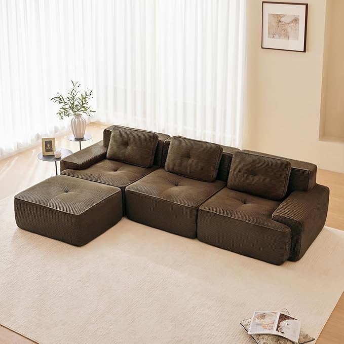 115" Modern Corduroy Cloud Sofa with Ottoman, L Shaped Boneless Modular Large Sectional Couches for Living Room, Brown 3 Seater Compressed Memory Foam Couch, Extra Deep Seat, No Assembly