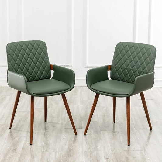 LUNLING Mid Century Modern Faux Leather Dining Chairs Set of 2, Green, Upholstered Seat, Metal Legs, Adjustable Foot for Kitchen Dining Room Desk Chairs