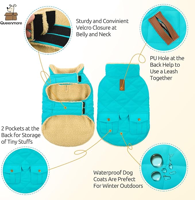 Queenmore Warm Dog Coat, Cold Weather Puffer Dog Coat Vest, Quilting Winter Pet Jacket Ultra Thick Plush Fleece Lining Pet Clothes for Dogs with Storage Pockets (Light Blue, Small)